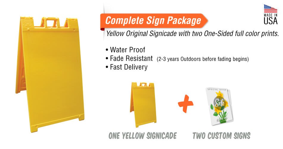 Yellow signicade with two custom 4mm corrugated plastic signs that are